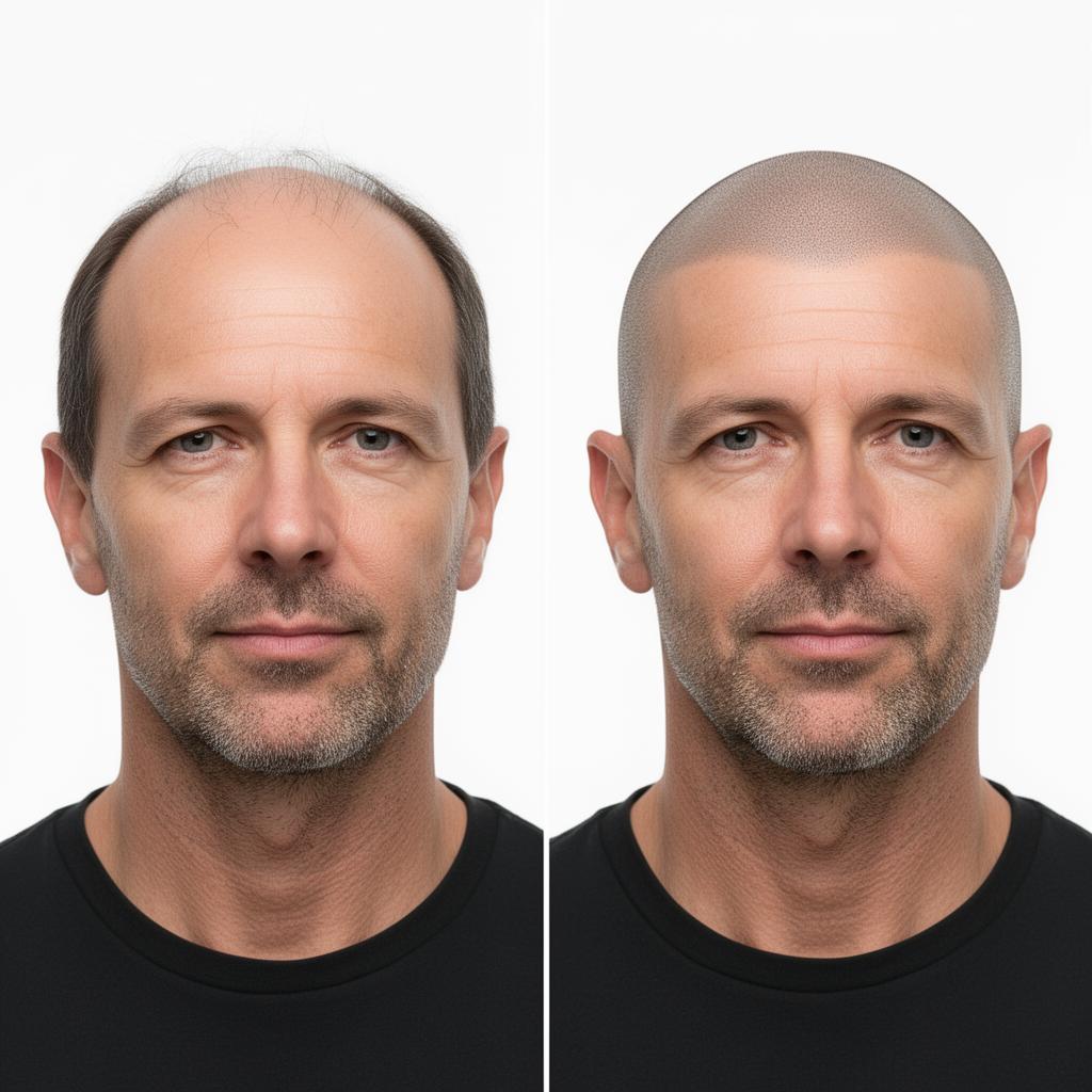 Before and after: thinning hair, then a clean shave with realistic scalp micropigmentation.